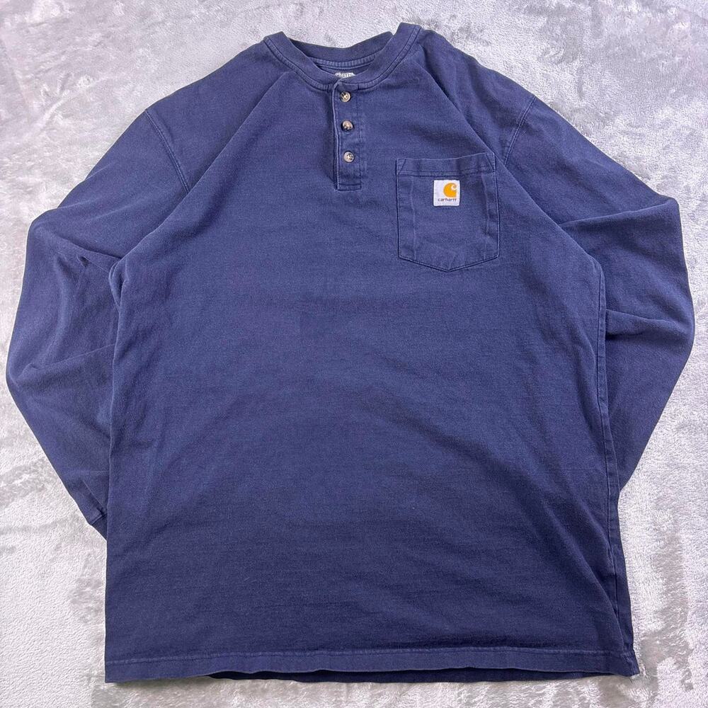 Vintage 00s Carhartt Navy Henley Long-sleeve Pocket T-Shirt Men’s Size LargeTall